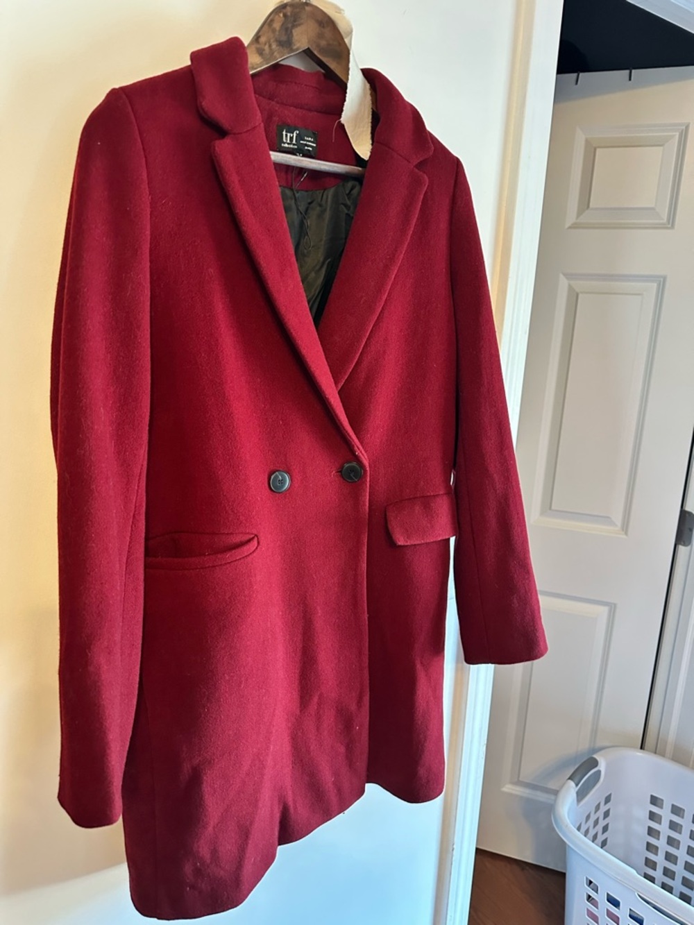 Zara Women's Double-Breasted Maroon Wool Coat